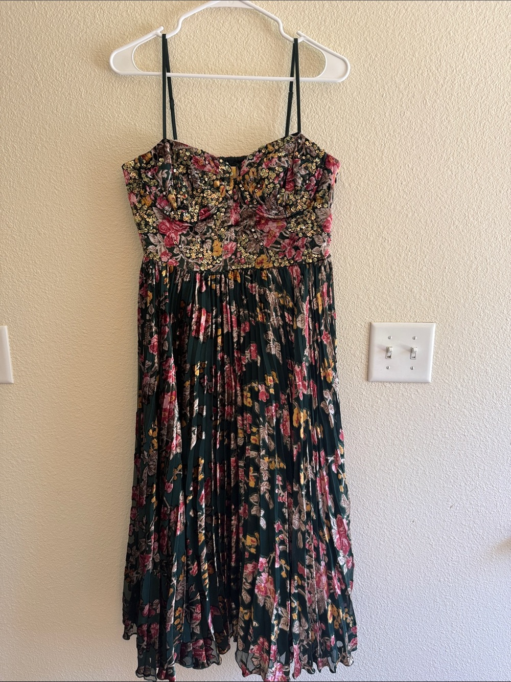 Anthropologie Dark Green Floral Midi Dress with Pink and Yellow Accents